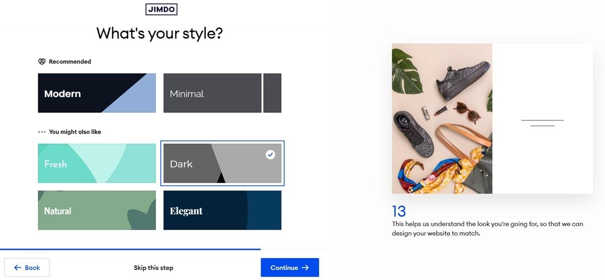 Jimdo's AI website builder with a section to specify the website's color theme.